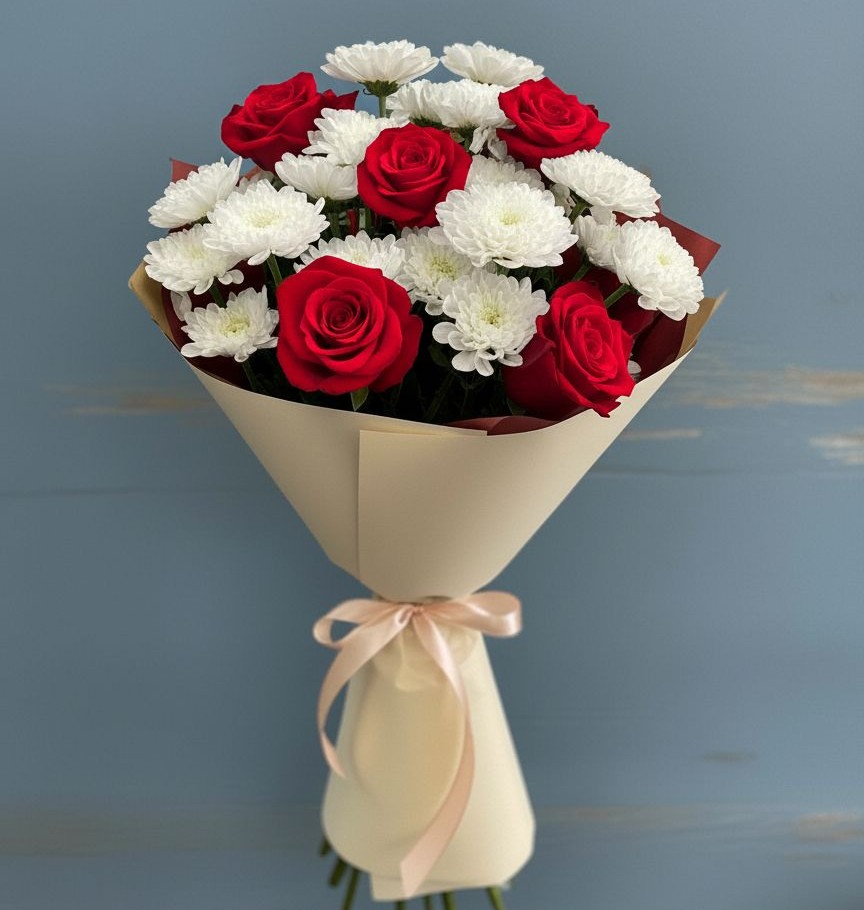 Букет цветов из: Розы и Хризантемы в Баксаненке