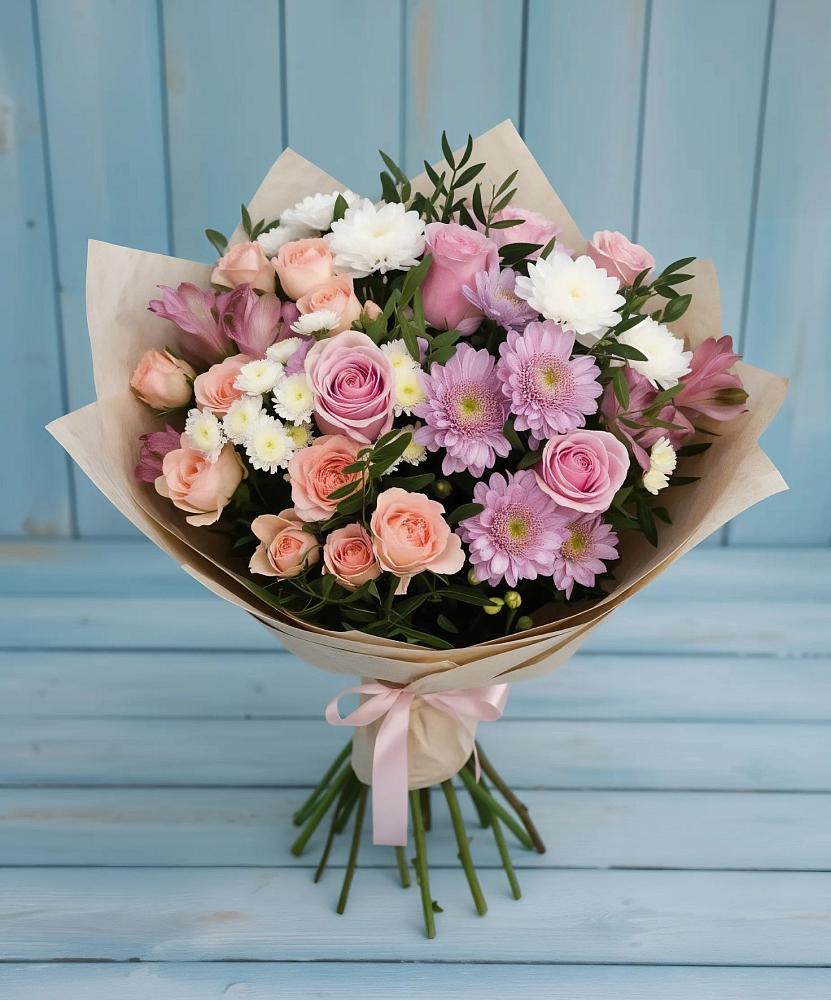 Букет цветов из: Хризантемы, Розы и Альстромерии в Баксаненке