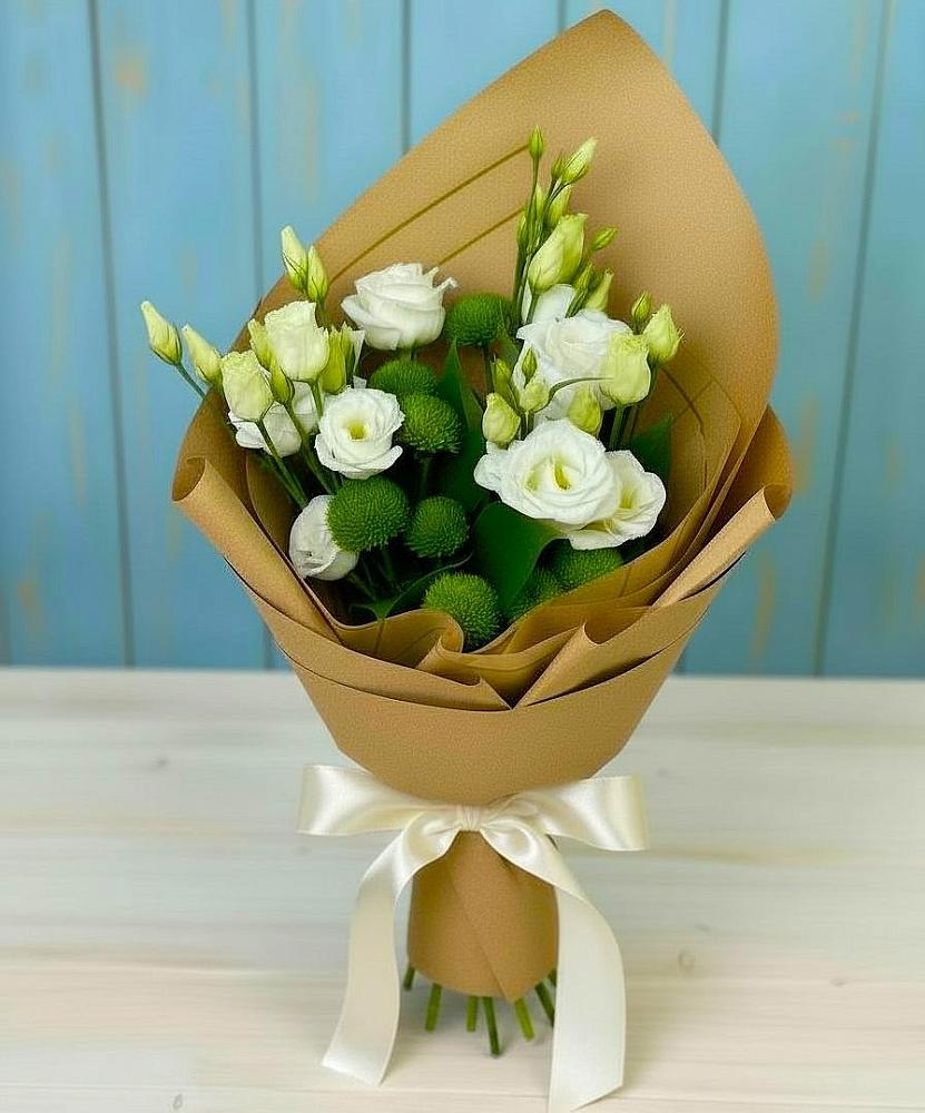 Букет цветов из: Хризантемы и Лизиантусы в Баксаненке