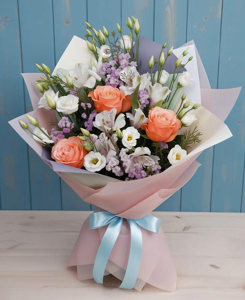 Букет цветов из: Лизиантусы, Розы, Альстромерии и Гипсофила в Баксаненке