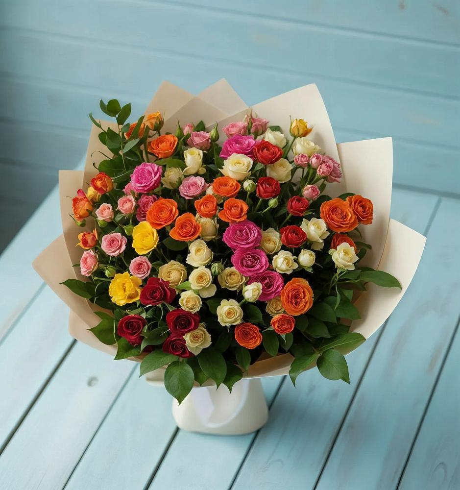Букет Микс из разноцветных кустовых роз в Баксаненке