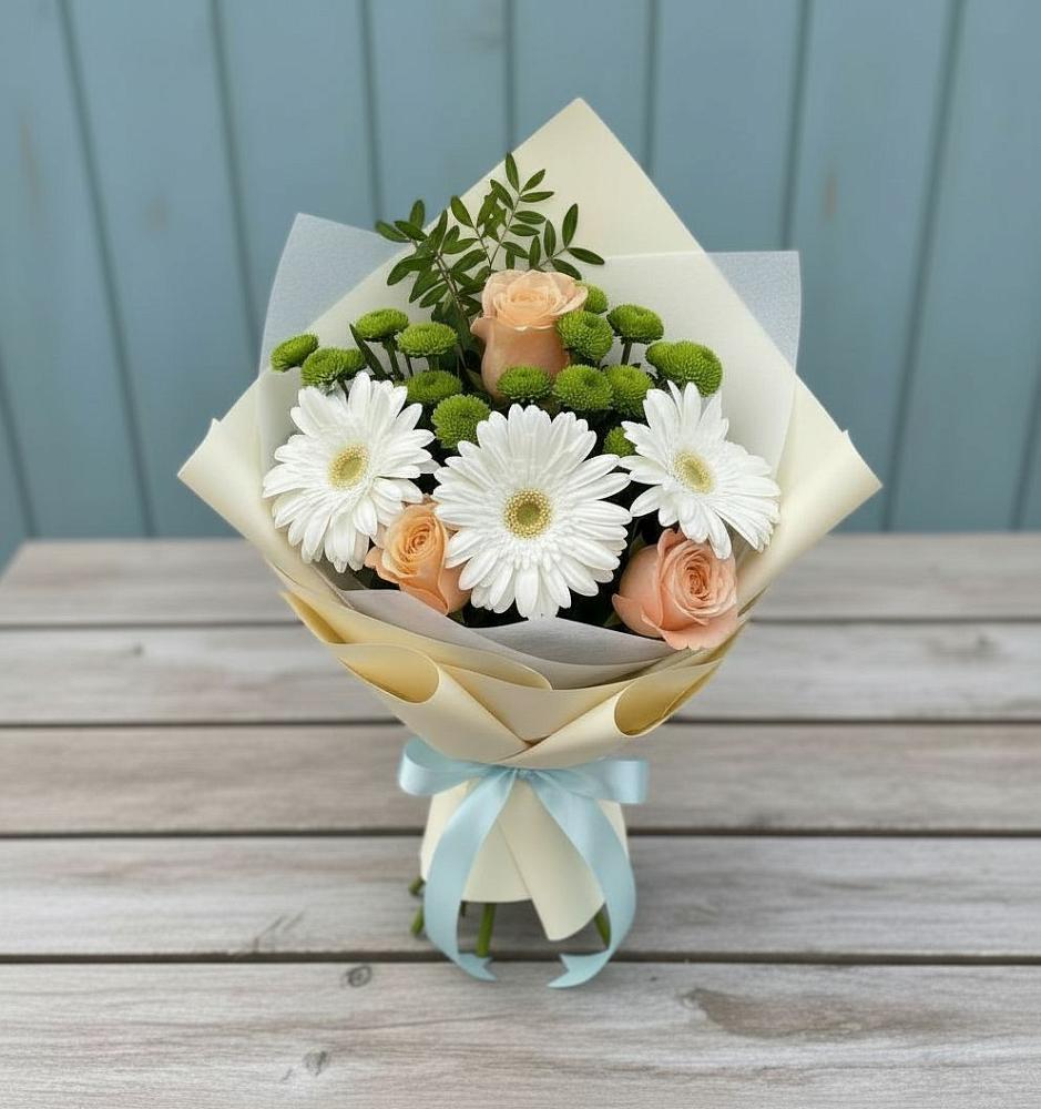 Букет цветов из: Герберы, Розы и Хризантемы в Баксаненке