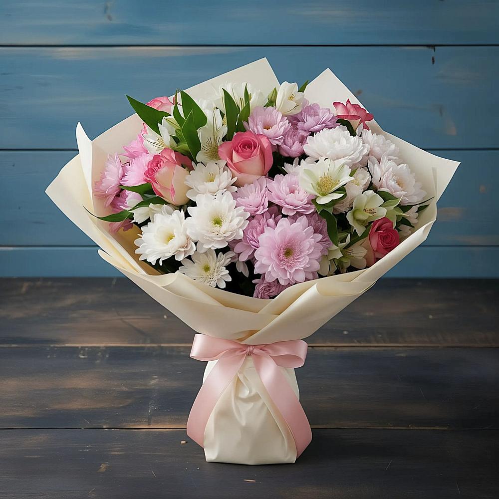 Букет цветов из: Хризантемы, Альстромерии и Розы в Баксаненке